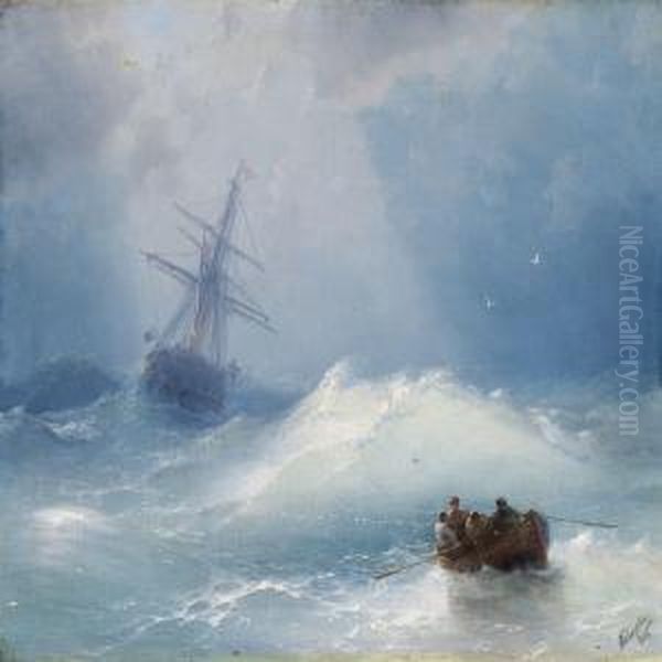 Seascape With A Sailing Ship And And A Dinghy In Roughwaves Oil Painting by Ivan Konstantinovich Aivazovsky