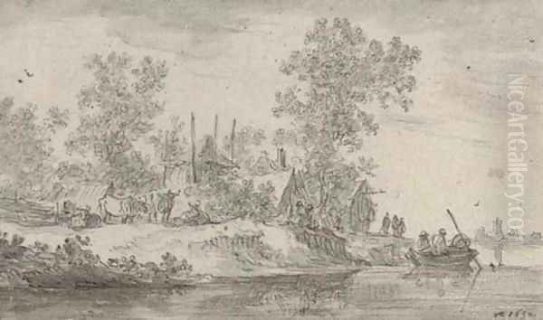 A village on the banks of a canal with cattle and fishermen Oil Painting by Jan van Goyen