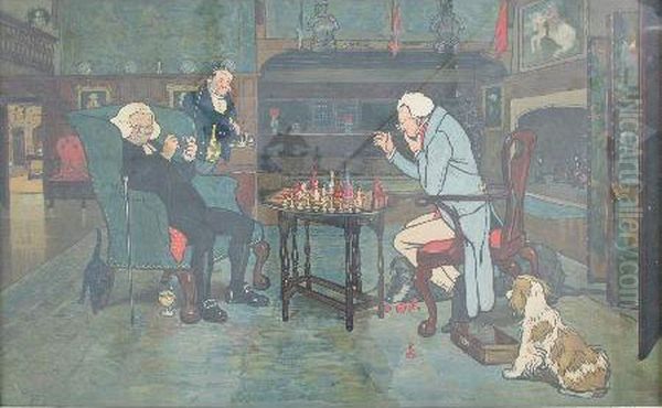 Of Interior Chess Scene Oil Painting by Cecil Charles Aldin