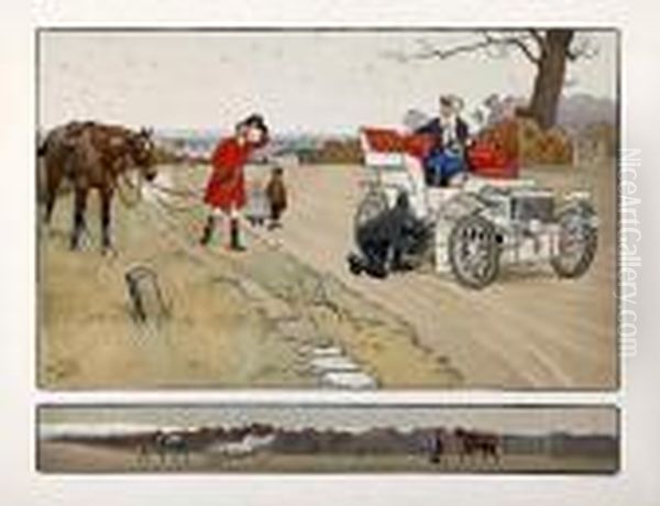 An Early Motoring Humorous Encounter Between A Motorist And A Huntsman Oil Painting by Cecil Charles Aldin