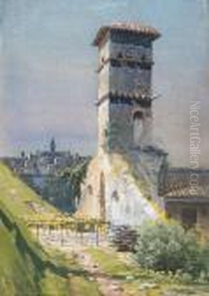 Torre Medievale A Tivoli Oil Painting by Filippo Anivitti