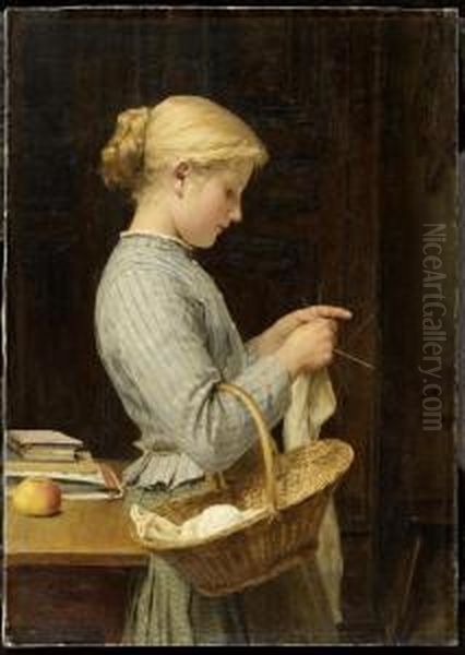 Girl Knitting Oil Painting by Albert Anker