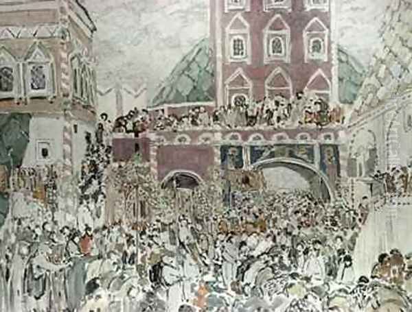 Scenery sketches for Musorgskys opera Boris Godunov depicting the Novodevichy Monastery Oil Painting by Aleksandr Jakovlevic Golovin