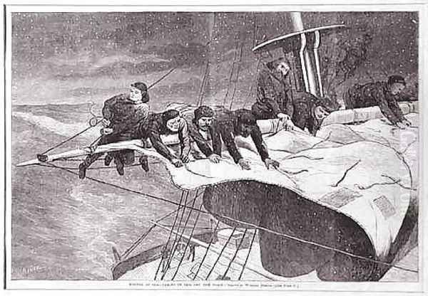 Winter at Sea-- Taking in Sail Off the Coast Oil Painting by Winslow Homer