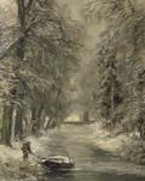 A Snow Covered Forest Oil Painting by Louis Apol