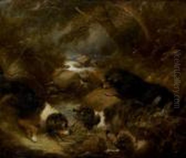 Four Terriers Otter Hunting Oil Painting by George Armfield