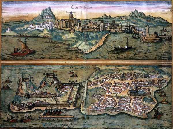 View Of Candia And Corfu Oil Painting by Joris Hoefnagel