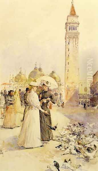 Feeding Pigeons in the Piazza Oil Painting by Childe Hassam