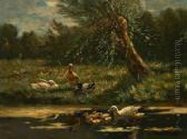 A Family Of Ducks Along The Riverbank Oil Painting by David Adolf Constant Artz