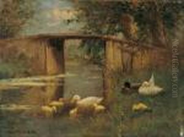 Entenfamilie Auf Verschilftem Gewasser. Oil Painting by David Adolf Constant Artz