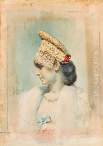 Portrait Of A Girl Wearing A Kokoshnik In Profile Oil Painting by Leon Samoilovitch Bakst