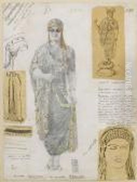 Costume Design For Artemis In Oil Painting by Lev Samoilovich Bakst