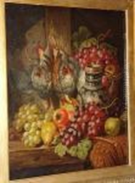 Green And Red Grapes, Pears, 
Apples, A Tankard And A Brace Of Partridge On A Wooden Shelf Oil Painting by Charles Thomas Bale