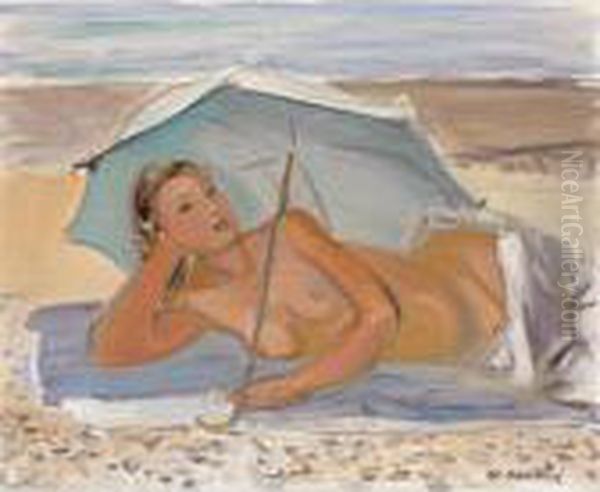Baigneuse Sous L'ombrelle Verte 
Bather Under A Green Umbrella Oil Painting by Maurice Barraud