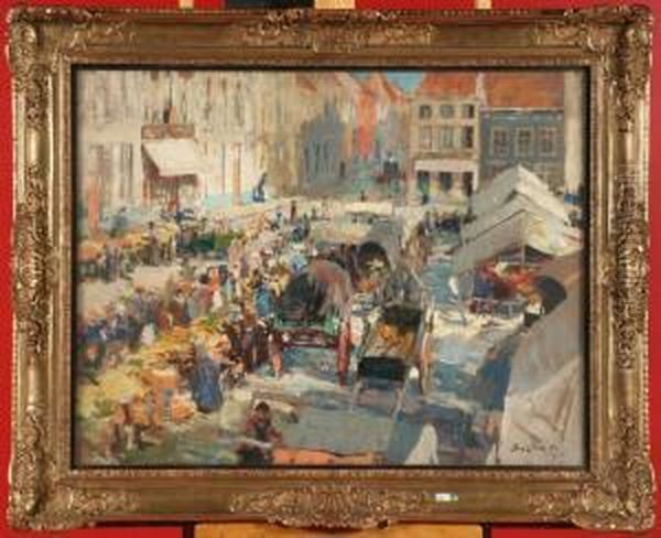 Le Marche De Nieuport Anime Oil Painting by Alfred Bastien