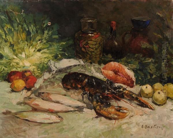 Natura Morta Con Pesci, Astice Efrutta Oil Painting by Alfred Bastien