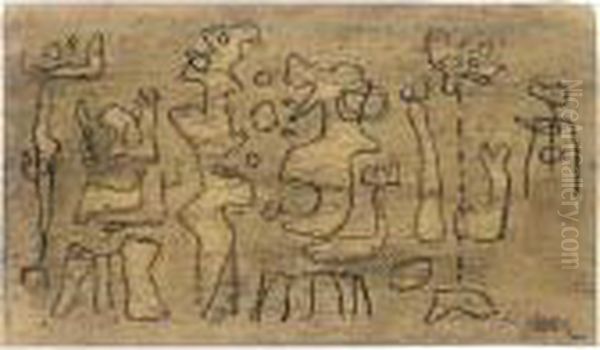 Afrikanische Spiele Auf Hellbraunem Grund (african Games On A Light Brown Background) Oil Painting by Willi Baumeister