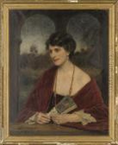 Portrait Of A Lady, Seated 
Half-length, In A Black Dress With A Crimson Velvet Coat, Holding A Fan,
 An Extensive Moonlit Landscape With A Knight On Horseback And A Castle 
Beyond Oil Painting by Frank Moss Bennett
