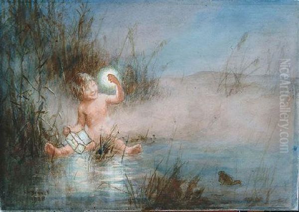 A Young Child In Misty Waters Holding A Glowing Lamp Oil Painting by Frank Moss Bennett