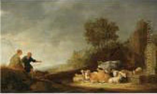 A Southern Landscape With A 
Shepherd And A Shepherdess Resting Withtheir Cattle By A Watering Place Oil Painting by Nicolaes Berchem