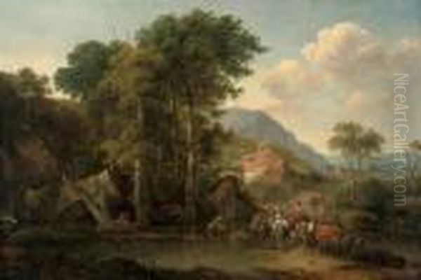 A Wooded River Landscape With 
Travellers At Rest On A Track, A Herdsman And His Cattle Watering, 
Mountains Beyond Oil Painting by Nicolaes Berchem