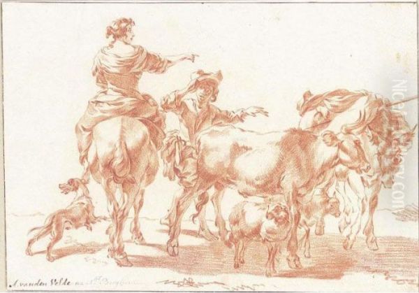 A Pastoral Scene, With Peasants Herding Farm Animals Oil Painting by Nicolaes Berchem
