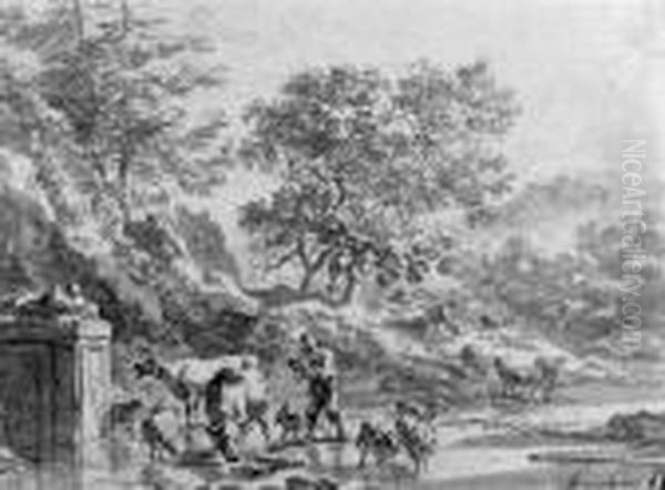 An Italianate Landscape With Herdsman At The Fountain Oil Painting by Nicolaes Berchem