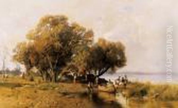 Fishery At Lake Balaton Oil Painting by Antal Berkes