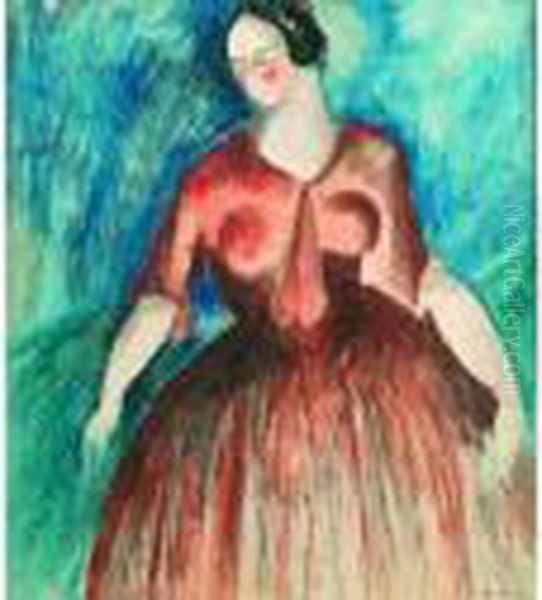 Portrait De Femme A La Robe Rouge. Oil Painting by Madeleine Berly De Vlaminck