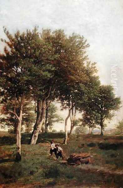 Landscape with Two Boys Carrying Oil Painting by Henri-Joseph Harpignies