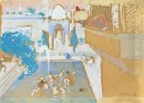 Scene De Harem : Un Pacha Regardant Les Femmes Au Bain Oil Painting by Paul Albert Besnard