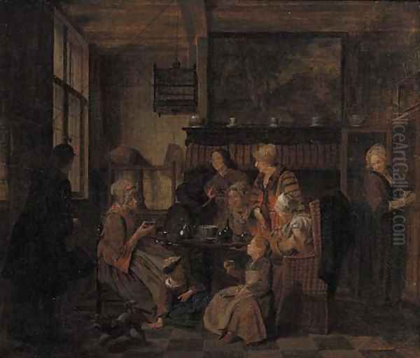 A family drinking tea at table in an interior Oil Painting by Jan Jozef, the Younger Horemans