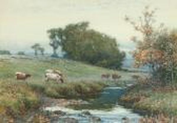 Cattle Watering At A Riverside Oil Painting by Samuel John Lamorna Birch