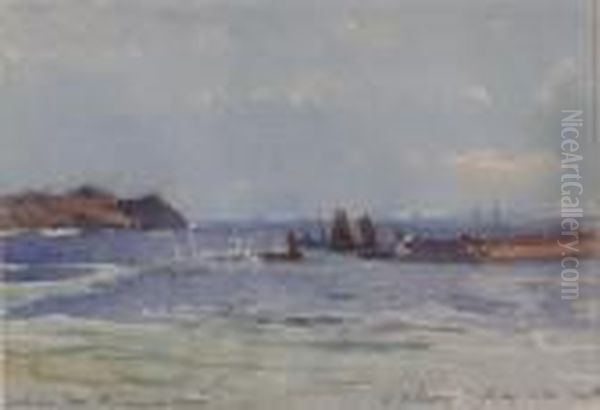 Fishing Boats Off The Coast Signed, Inscribed And Dated 1949 4.75 X 6.75in Oil Painting by Samuel John Lamorna Birch