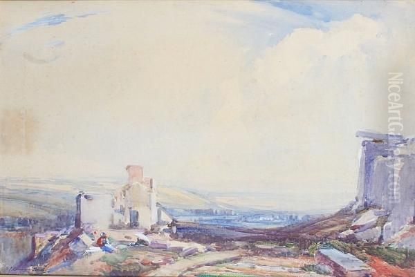 Figures By A Building, Hills Beyond 's.j. Lamorna Birch' Oil Painting by Samuel John Lamorna Birch