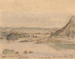 Lake Scene With Distant Bridge.