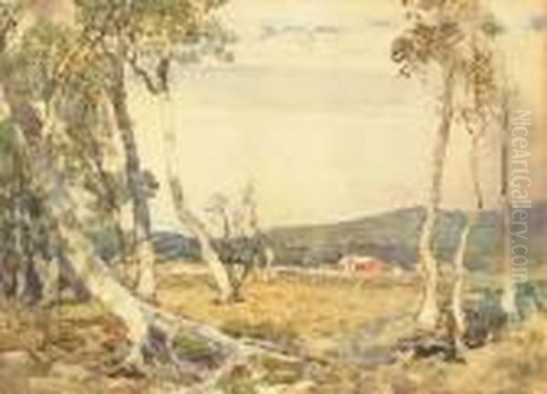 Cottage In A Landscape With Silver Birches Oil Painting by Samuel John Lamorna Birch