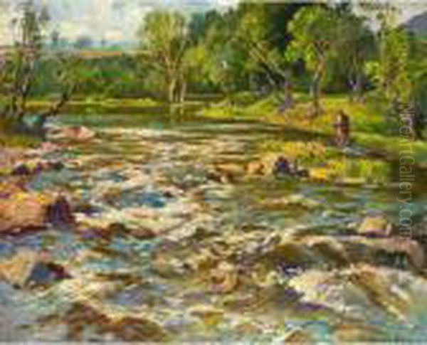 A June Spate, Deveron At Rothiemay, Aberdeenshire Oil Painting by Samuel John Lamorna Birch
