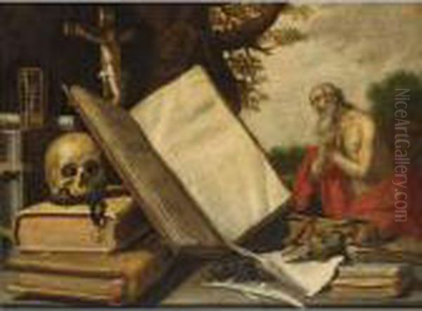 A Vanitas Still Life With 
Different Books, A Skull, A Crucifix And An Hour-glass, St. Jerome In 
The Background Oil Painting by Abraham Bloemaert