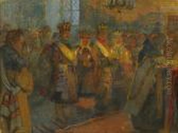 Peasant Wedding Oil Painting by Nikolai Petrovich Bogdanov-Belsky
