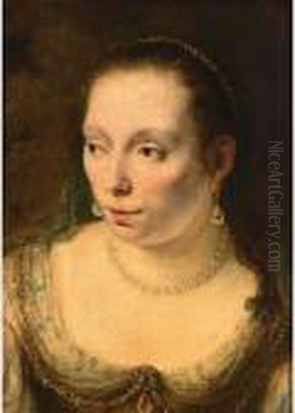 A Portrait Of A Lady, Head And 
Shoulders, Wearing Pearl Jewellery, Probably Johanna De Geer (1627-1691) Oil Painting by Ferdinand Bol
