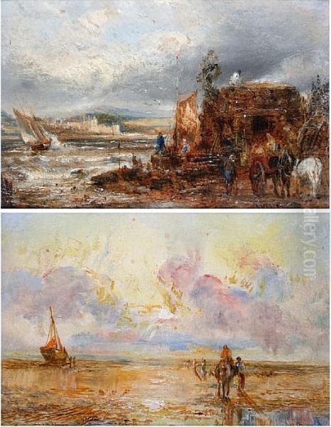 Fisher Folk On The Shore At Sunrise, Togetherwith Another Of Fisherfolk On The Shore Oil Painting by William Joseph Caesar Julius Bond