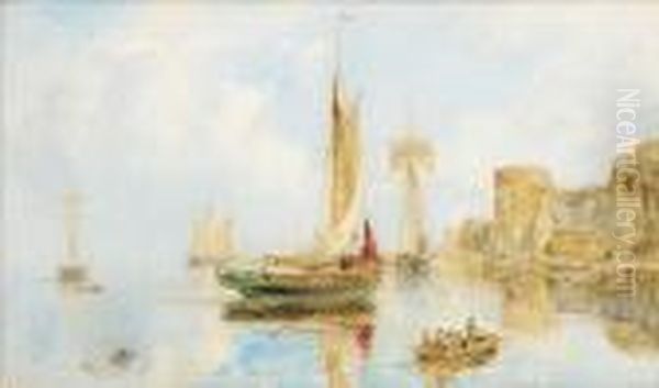 Local Craft Becalmed Off The Quays At Caernarvon, The Walls Of The Castle Beyond Oil Painting by William Joseph Caesar Julius Bond
