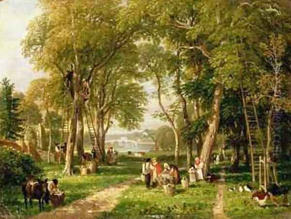 Walnut Gathering in Petersham Near Richmond Bridge Oil Painting by William Havell