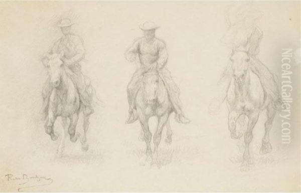 Study Of Three Men On Horseback (possibly From The American West) Oil Painting by Rosa Bonheur
