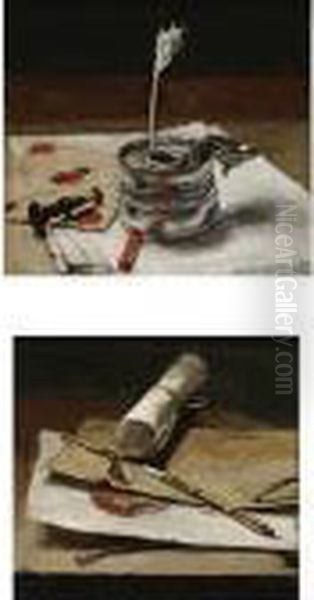 Still Lifes Of An Inkwell With A
 Quill, A Seal And Red Lacquer; And A 'portefeuille' With Documents And A
 Crayon Holder Oil Painting by Francois Bonvin