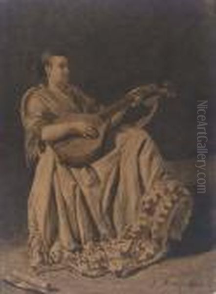 A Seated Woman Playing A Mandolin Oil Painting by Francois Bonvin