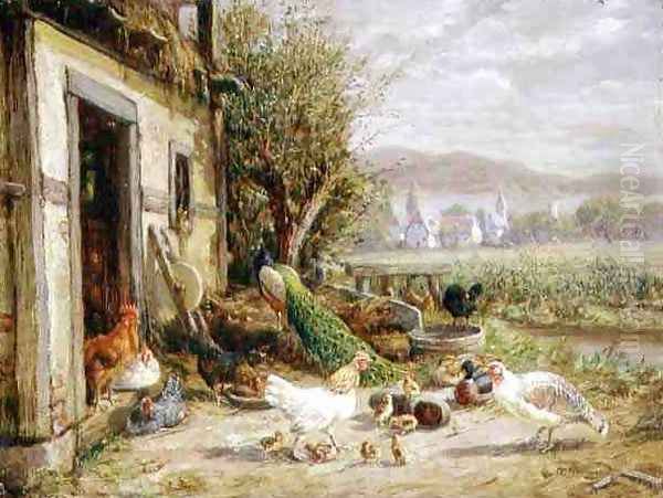 Chickens Ducks and a Peacock by a Canal Oil Painting by Anton Hoffmann