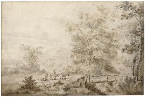 An Extensive Landscape With A Peasant Family Crossing Abridge Oil Painting by Jan Both