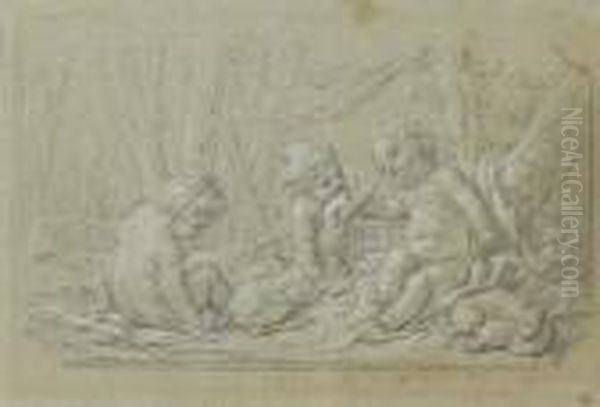 Trois Putti Jouant Avec Un Levrier Dans Un Paysage Oil Painting by Francois Boucher